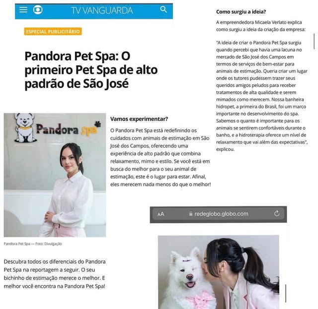 Matéria sobre a Pandora Pet Spa na TV Vanguarda / Globo