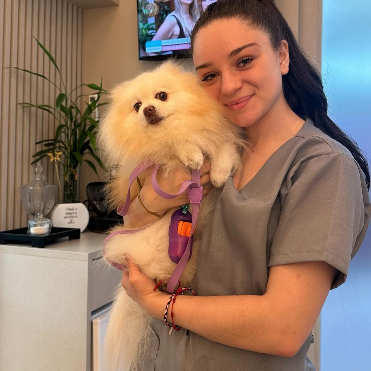 Lulu da pomerânia no colo da equipe da Pandora Pet & Spa